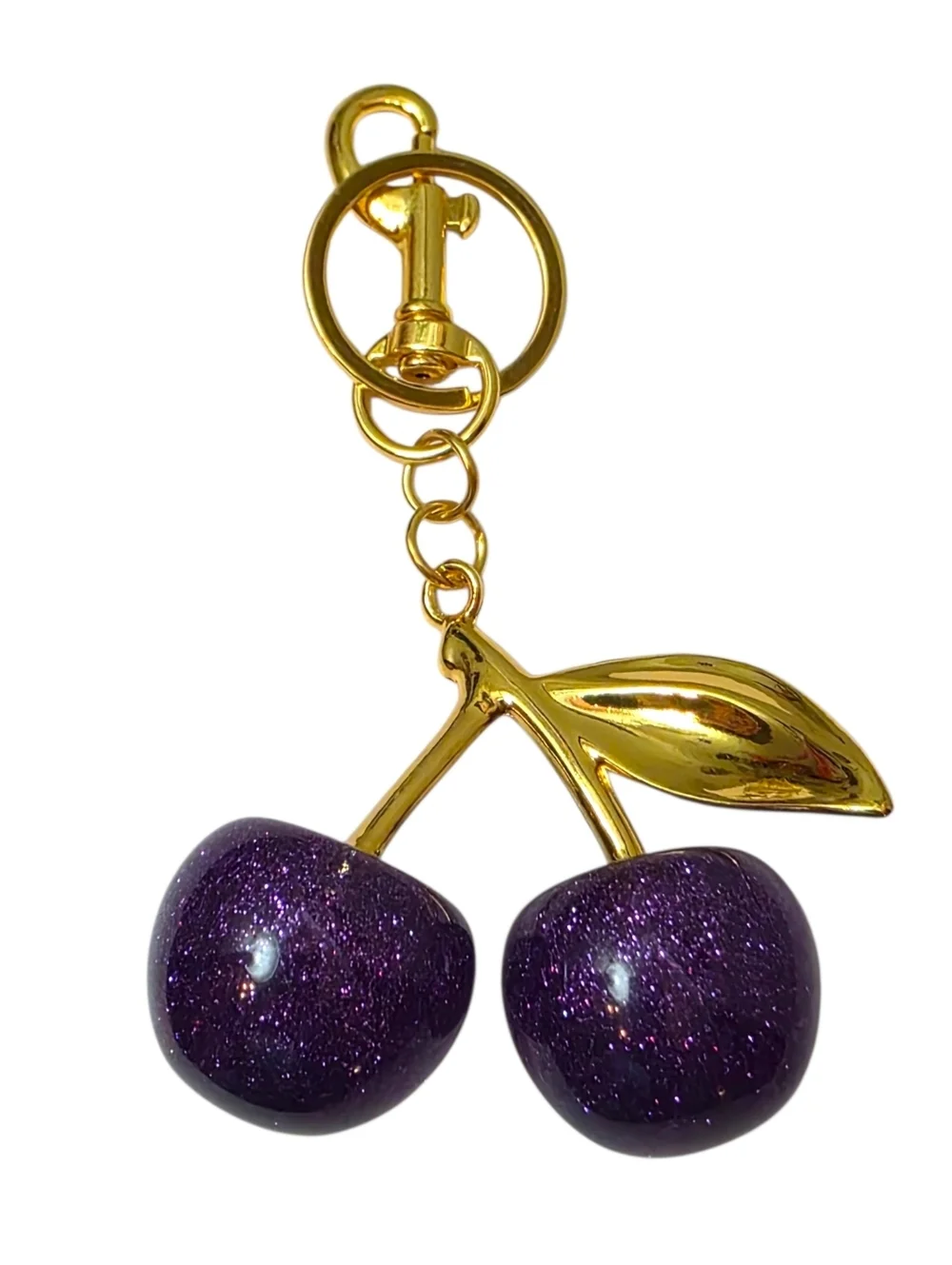 Large Purple Glitter Cherry Charm with shiny Gold Hardware